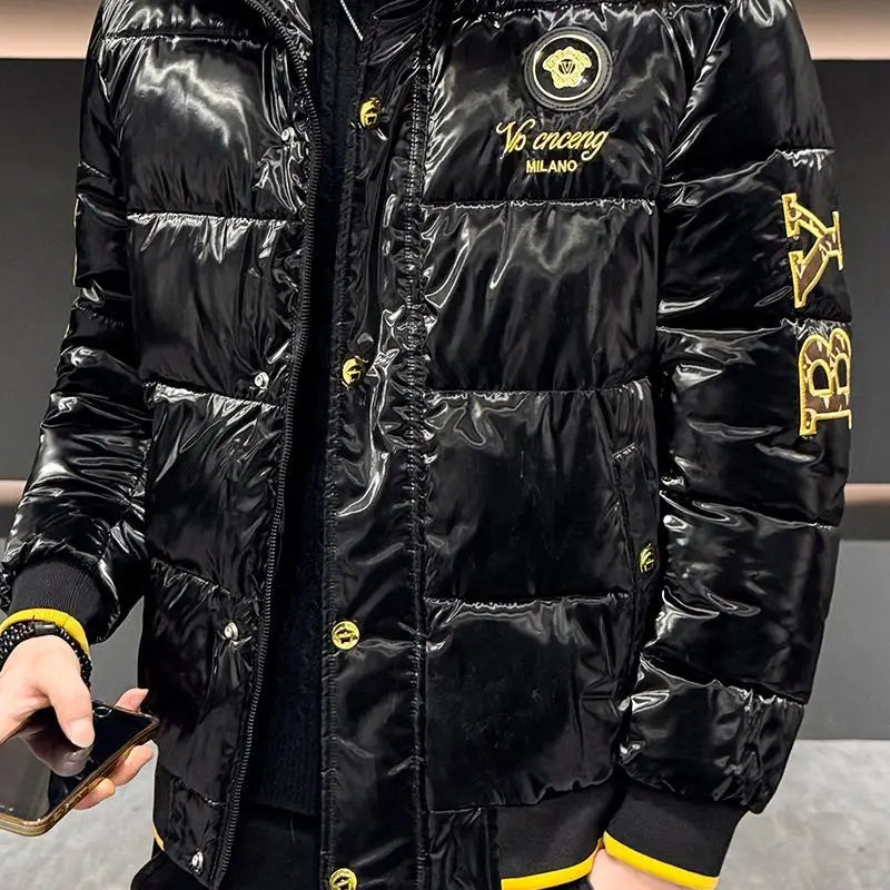 New glossy fashion coat European winter embroidered men's stand-up collar cotton-padded coat thick and warm jacket