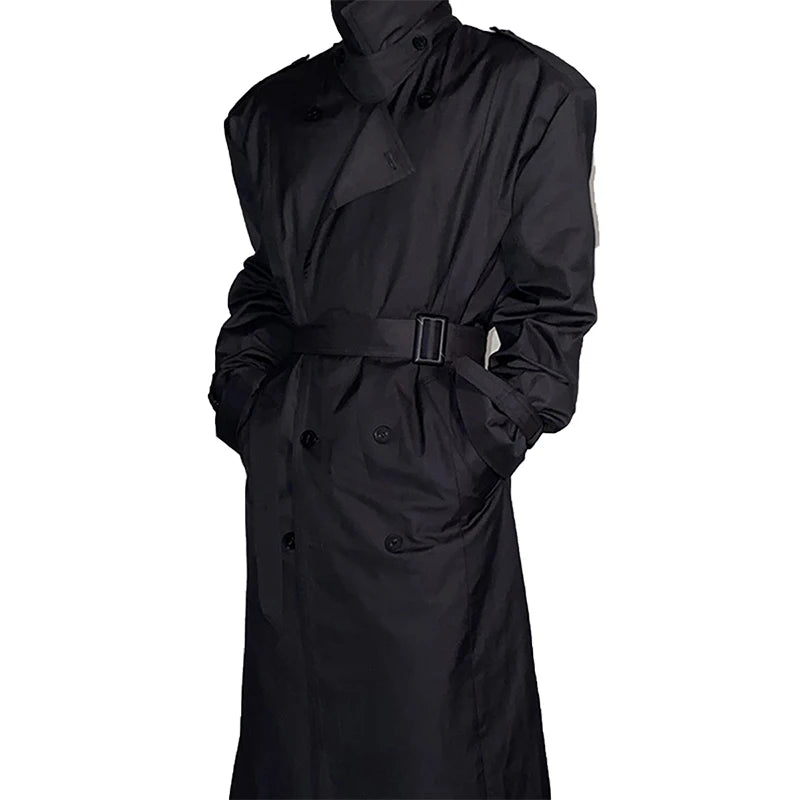 Mauroicardi Spring Autumn Cool Long Black Oversized Trench Coat Men Belt Double Breasted Loose Casual Windproof Outerwear 2022