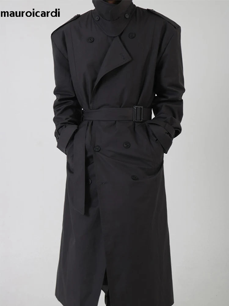 Mauroicardi Spring Autumn Cool Long Black Oversized Trench Coat Men Belt Double Breasted Loose Casual Windproof Outerwear 2022