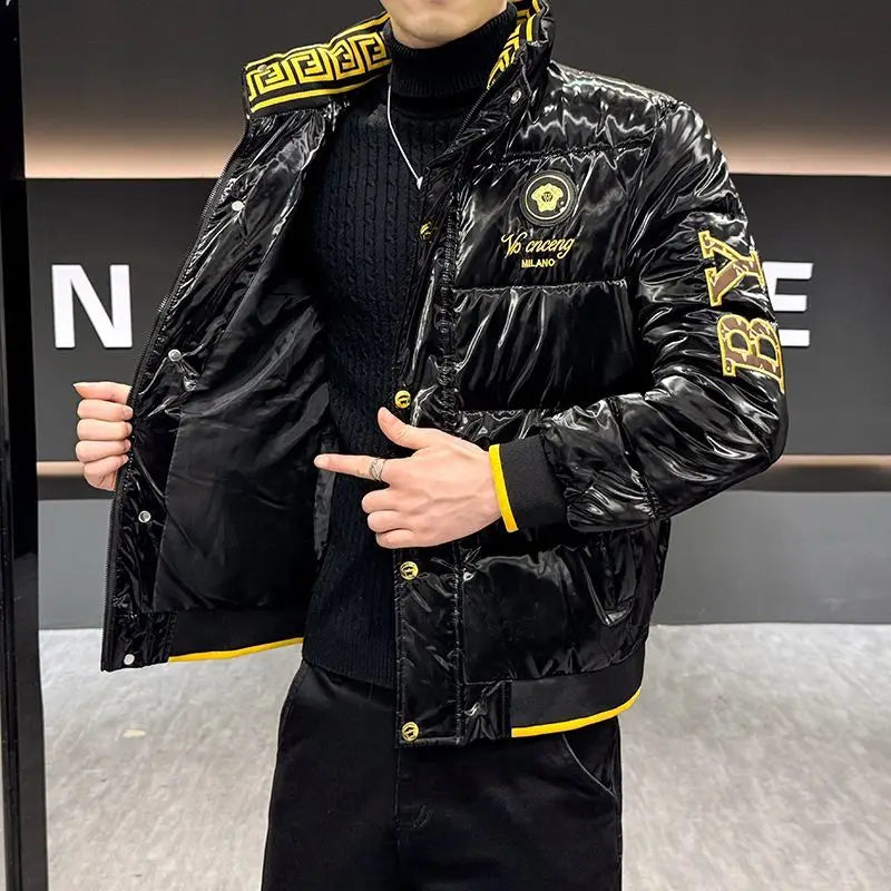 New glossy fashion coat European winter embroidered men's stand-up collar cotton-padded coat thick and warm jacket