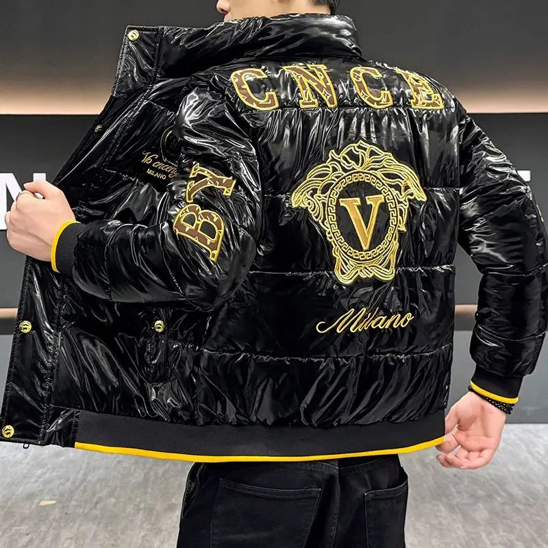New glossy fashion coat European winter embroidered men's stand-up collar cotton-padded coat thick and warm jacket