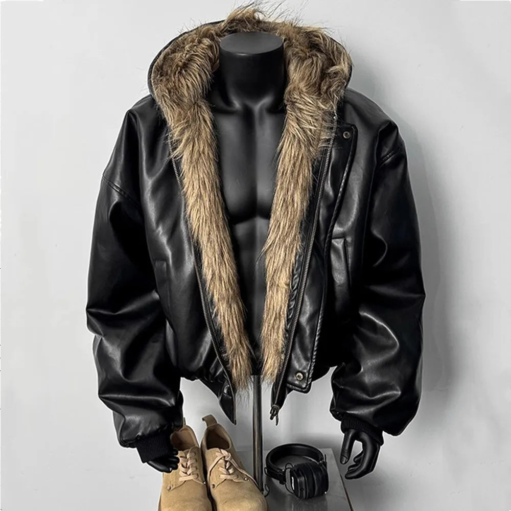 Good Quality Reversible Wear Faux Fur Leather Jacket Winter Coat Man Woman Vintage Casual Thicken Warm Leather Coat Outerwear