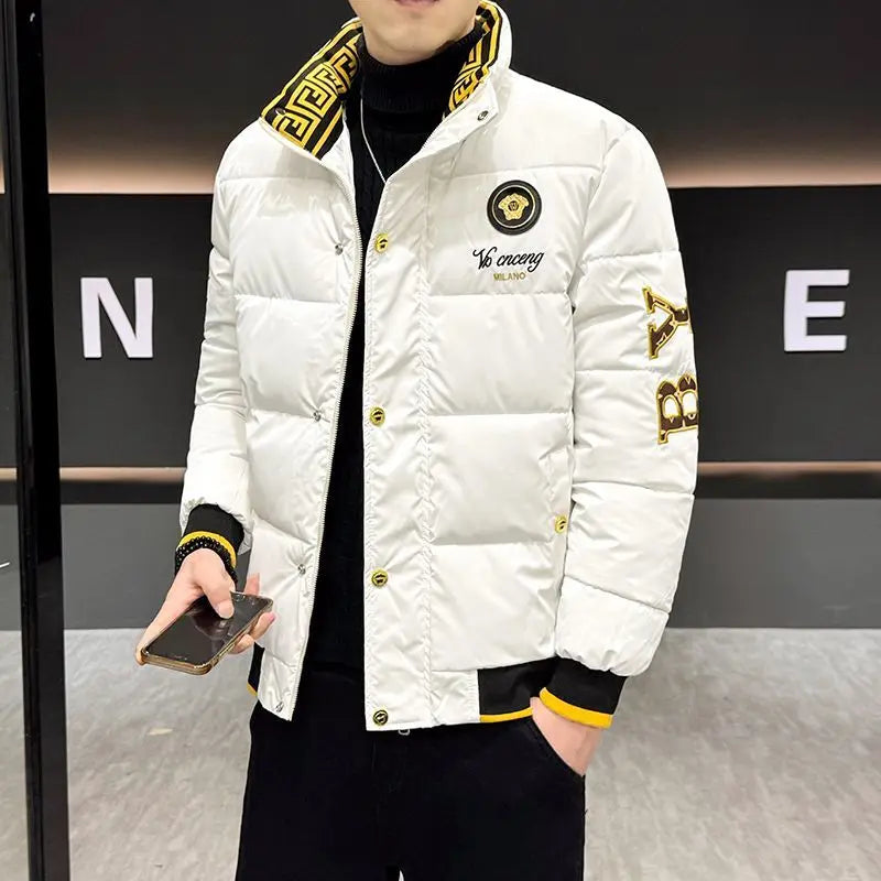 New glossy fashion coat European winter embroidered men's stand-up collar cotton-padded coat thick and warm jacket