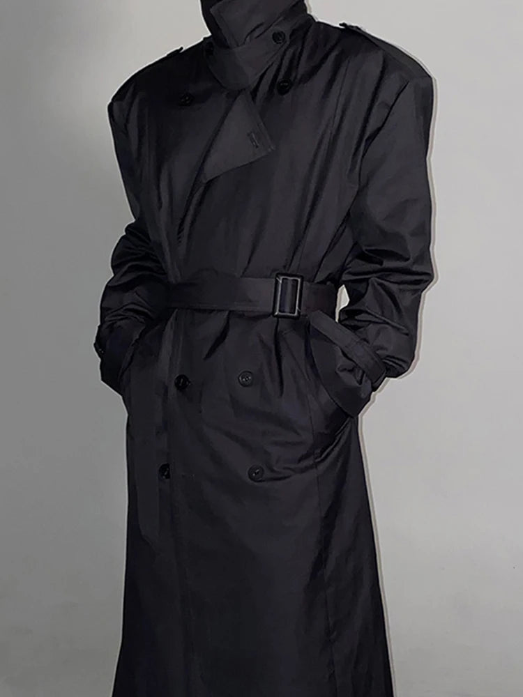 Mauroicardi Spring Autumn Cool Long Black Oversized Trench Coat Men Belt Double Breasted Loose Casual Windproof Outerwear 2022