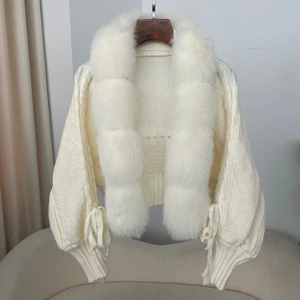 2024 Winter New Fashion Knitting Cardigan Placket Coat Women Casual Real Fox Fur Coat Short Warm Knitted Jacket with Natural Fur