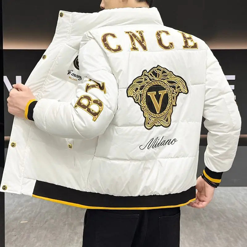 New glossy fashion coat European winter embroidered men's stand-up collar cotton-padded coat thick and warm jacket