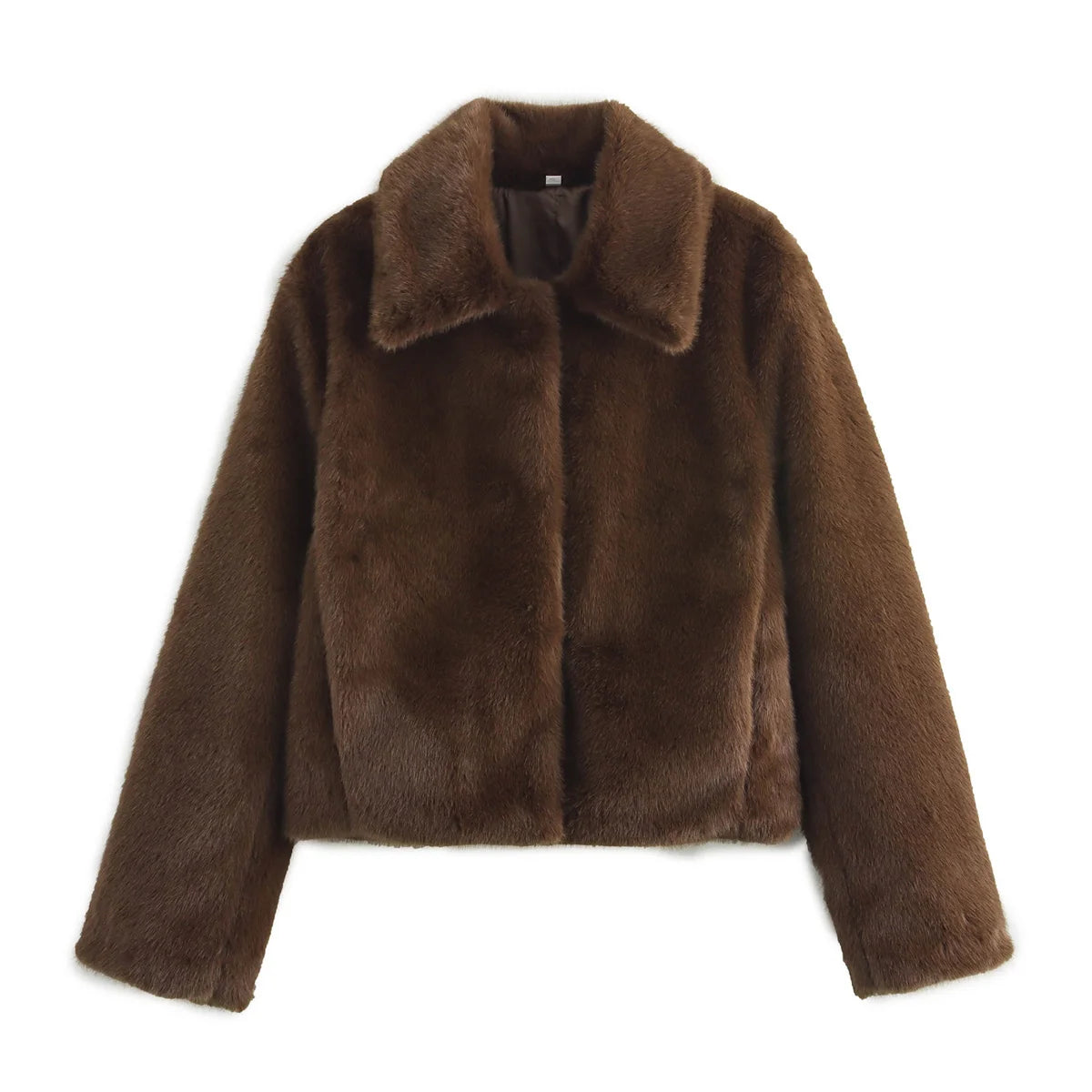 HH Women Casual Brown Short Faux Fur Coat Turn-Down Collar Long Sleeve Jacket 2025 Autumn Winter Loose High Street Outwear