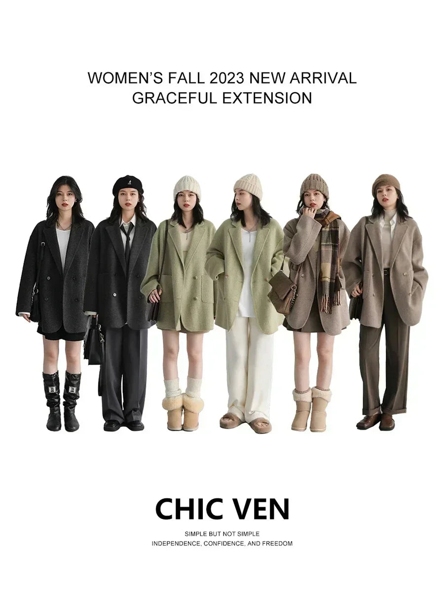 CHIC VEN Women's Woolen Coats Fashion Solid Loose Warm Jackets Korean Casual Office Lady Female Clothing Spring Autumn New 2026