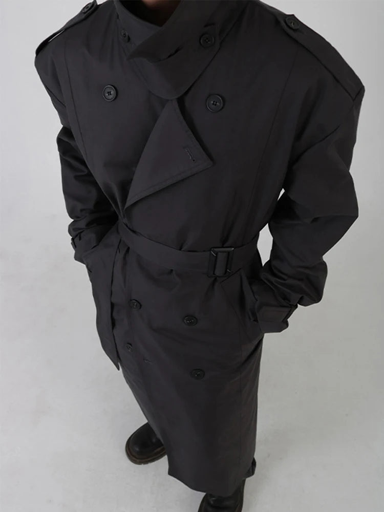 Mauroicardi Spring Autumn Cool Long Black Oversized Trench Coat Men Belt Double Breasted Loose Casual Windproof Outerwear 2022