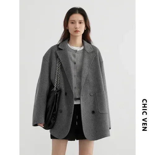 CHIC VEN Women's Woolen Coats Fashion Solid Loose Warm Jackets Korean Casual Office Lady Female Clothing Spring Autumn New 2026
