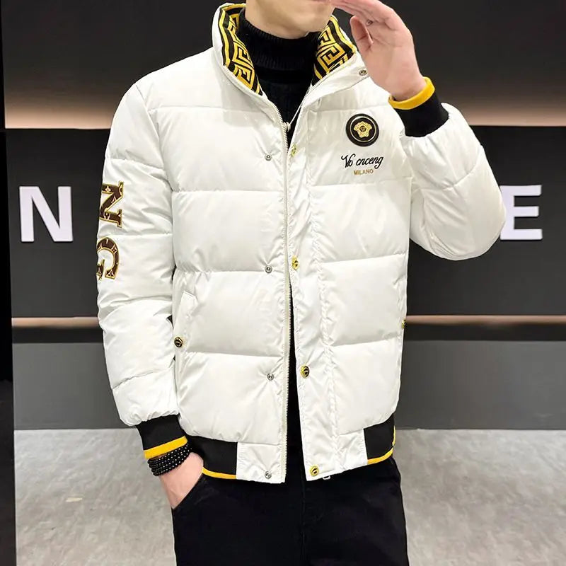 New glossy fashion coat European winter embroidered men's stand-up collar cotton-padded coat thick and warm jacket