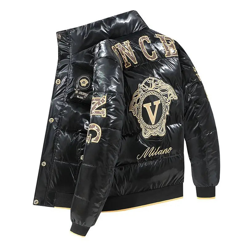 New glossy fashion coat European winter embroidered men's stand-up collar cotton-padded coat thick and warm jacket